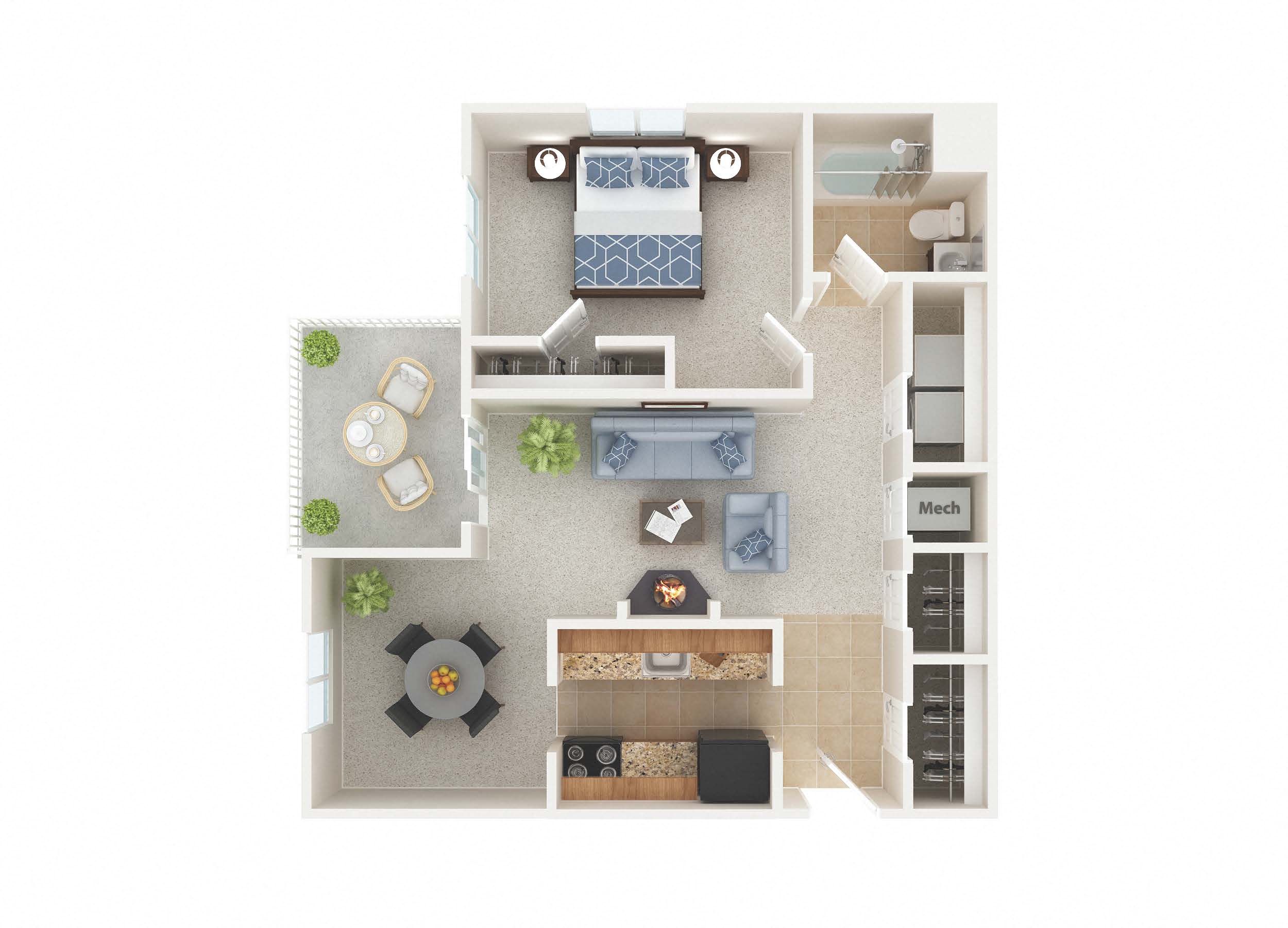 Floor plan for 1 bed, 1 bath, 704 sqft